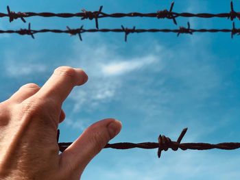 Close-up of hand holding metal fence against sky