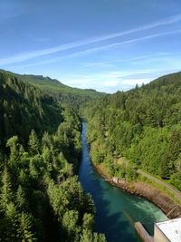 Scenic view of river amidst mountains against sky