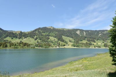 Scenic view of lake and mountains against sky