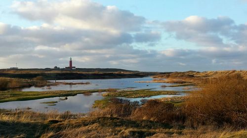 Scenic view of lake against cloudy sky