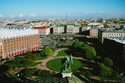 High angle view of buildings against sky