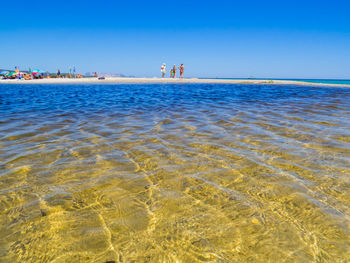 Scenic view of sea against clear blue sky