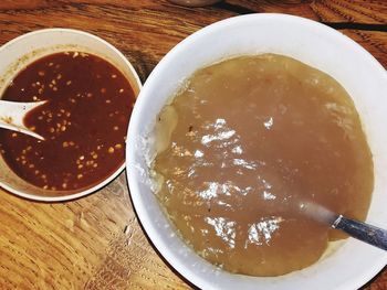 Directly above shot of soup in bowl on table