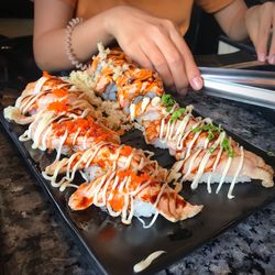 High angle view of person preparing food