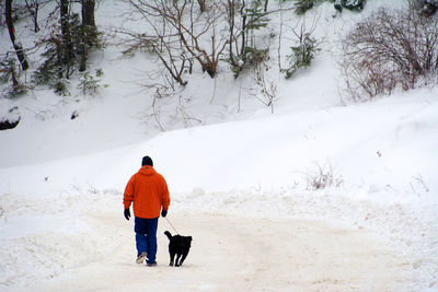 Rear view of man walking with dog on snow covered field