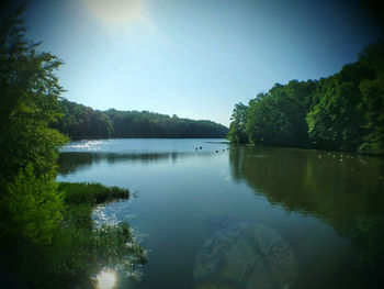 Sun shining over lake