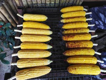 High angle view of vegetables on barbecue grill