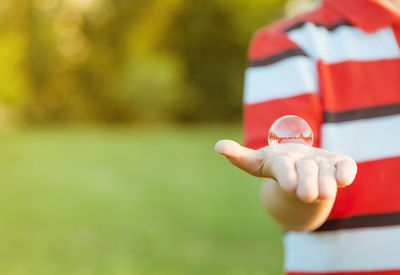 Close-up of hand holding red leaf