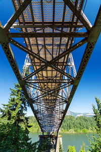 Low angle view of metal bridge against blue sky
