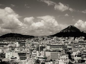 High angle shot of townscape against sky