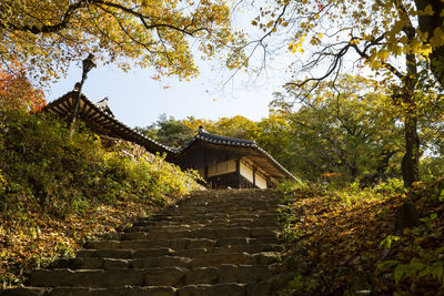 Low angle view of steps amidst buildings against sky