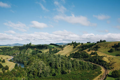 Panoramic shot of trees on field against sky