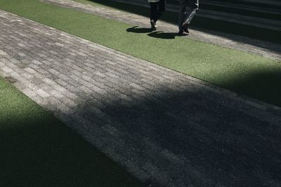 Low section of man walking on grass