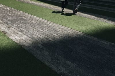 Low section of people walking on grass