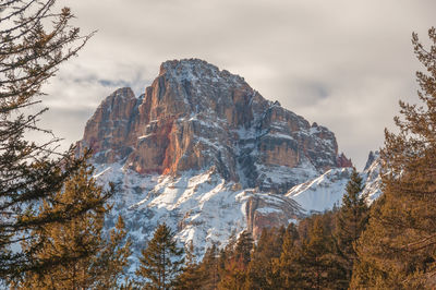 Low angle view of snowcapped mountains against sky