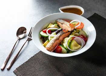 High angle view of meal served on table