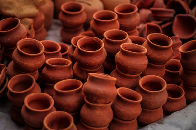 High angle view of clay pots