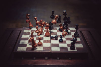 High angle view of chess pieces on floor