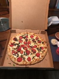 High angle view of pizza on table