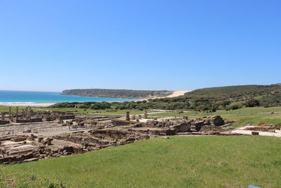 Scenic view of landscape against clear blue sky