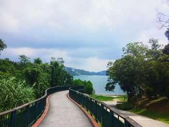 Footbridge amidst trees against sky