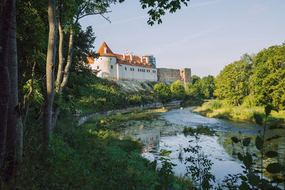 River amidst trees and buildings against sky