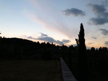 Silhouette trees on landscape against sky during sunset