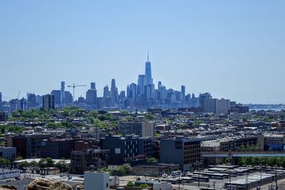 Modern buildings in city against clear sky