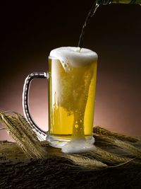 Close-up of beer glass on table