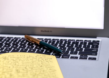 High angle view of laptop on table