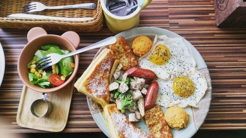 High angle view of breakfast on table