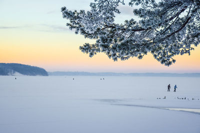 Scenic view of lake against sky during winter