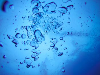 Close-up of water drops on blue glass