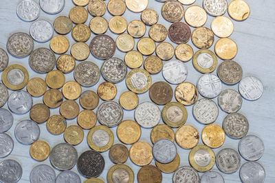 High angle view of coins