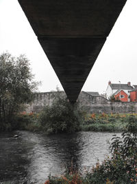 Bridge over river by buildings against sky