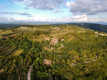 High angle view of trees on landscape against sky