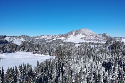 Scenic view of snowcapped mountains against clear blue sky