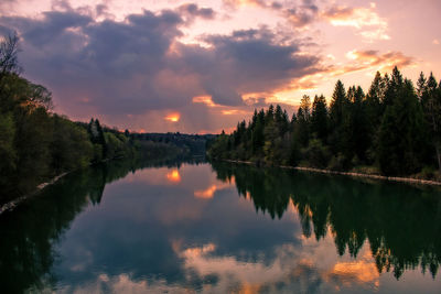 Reflection of trees in lake during sunset