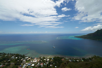 High angle view of bay against sky