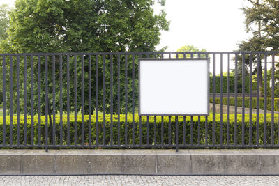Text on wall by fence against trees