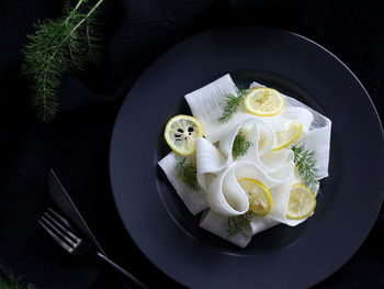 High angle view of food in plate on table