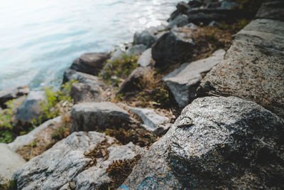 Close-up of rocks by sea