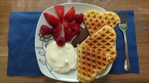 High angle view of dessert served on table