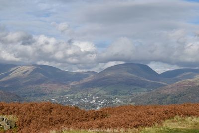 Scenic view of landscape and mountains against sky