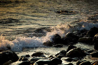 Waves splashing on rocks at shore