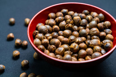 High angle view of eggs in bowl on table