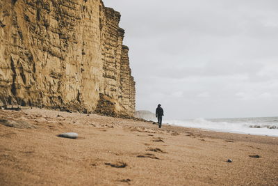 Rear view of man walking on beach