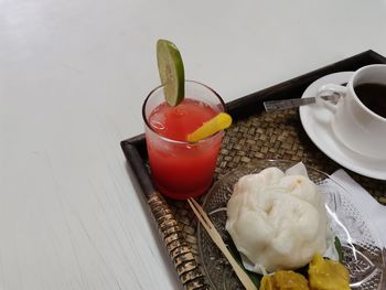 High angle view of breakfast on table