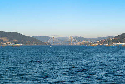 View of suspension bridge over sea against clear sky