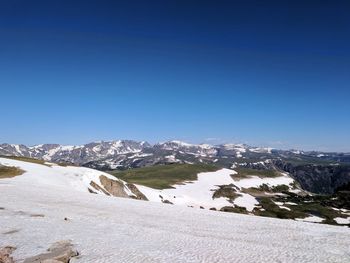 Scenic view of snowcapped mountains against clear blue sky